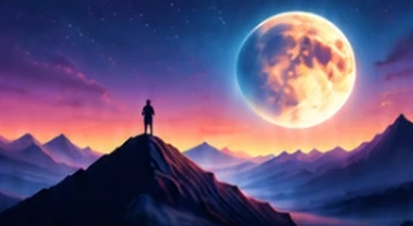 A person standing on a mountain peak beneath a full moon